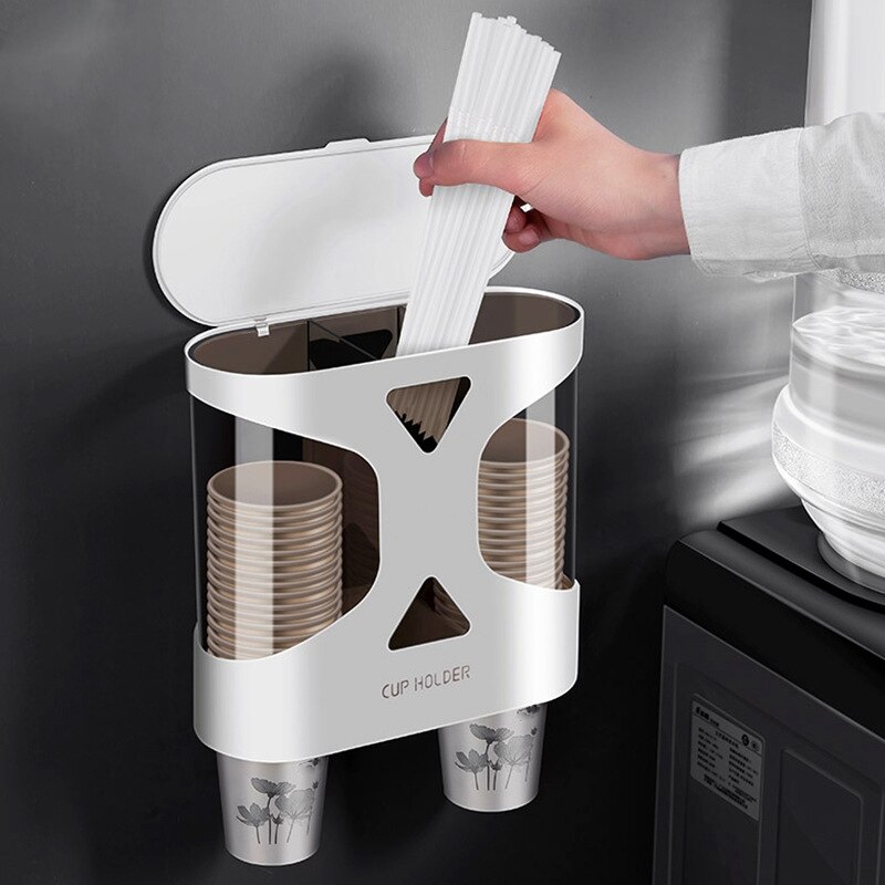 Wall Mount Disposable Paper Cup Coffee Cup Dispenser Cup Holder Straw Holder Automatic Cup Taker for Home: White