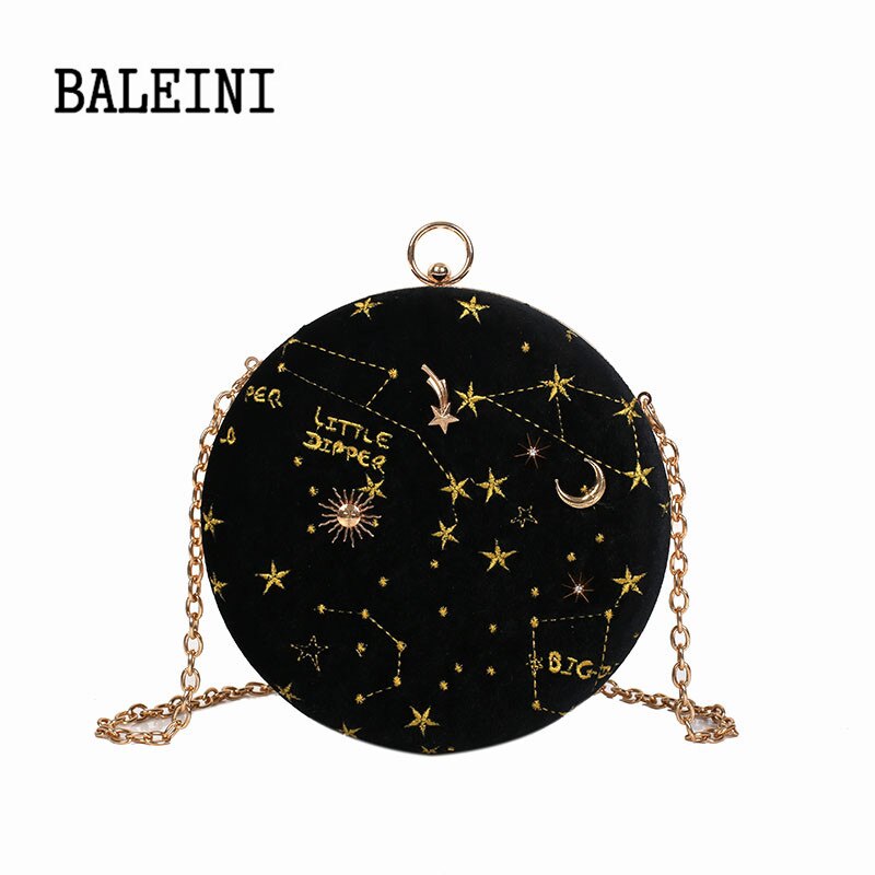 2020Starry sky Rund Wildleder Schulter Tasche Kette gürtel frauen Crossbody Messenger Taschen Damen Geldbörse Weibliche Runde Handtasche: Black