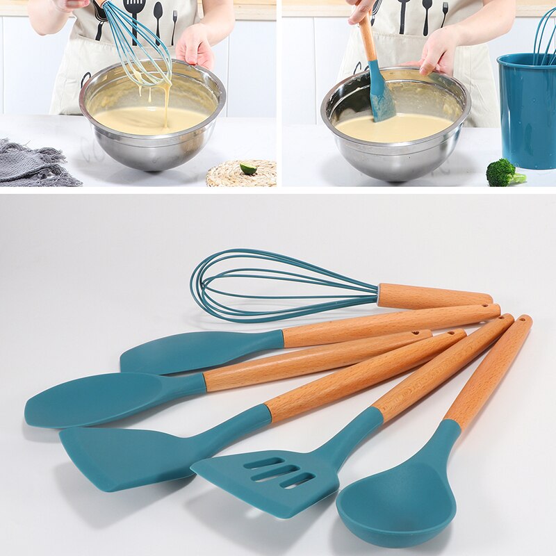 Kitchen Heat Resistant Cookware Silicone Non-stick Kitchenware Egg Beater BBQ Brush Food Tongs Soup Spoon Kitchen Utensils Set