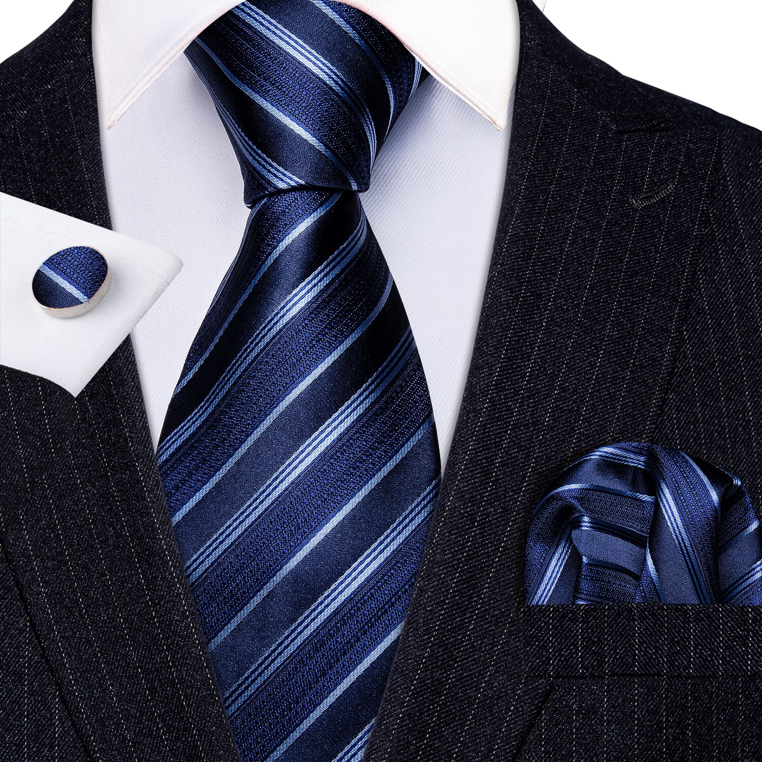 LS-585 Barry.Wang Mannen Stropdas Zijde Gestreepte Jacquard Geweven Classic Tie + Hanky + Manchetknopen Set Voor Formele Wedding Bedrijvengids Party: LS-5304