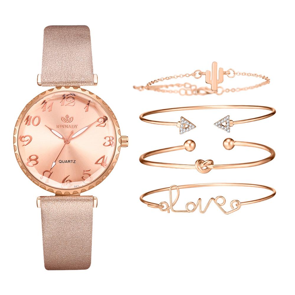Montre Dame Lederen Band Quartz Horloge Mode Vrouwen Armband Armband Horloge Vijf Delige Set Persoonlijkheid Dameshorloge: Rose gold set