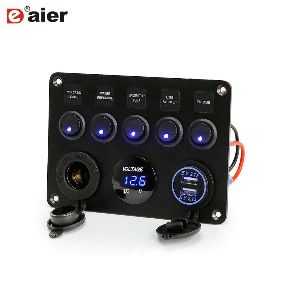 5 Gang ON-Off 12V Toggle Rocker Switch Panel Waterdicht met Digitale Voltmeter 4.2A Dual USB Charger Sigaret licht voor RV Auto