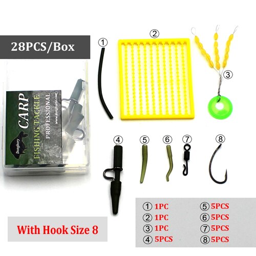 28 pçs conjunto de acessórios de pesca da carpa gancho de carbono pesca rolando giratória carpa isca parar grânulo para equipamento da carpa tubulação equipamento pesca enfrentar kit: 28PCS-Hook Size 8