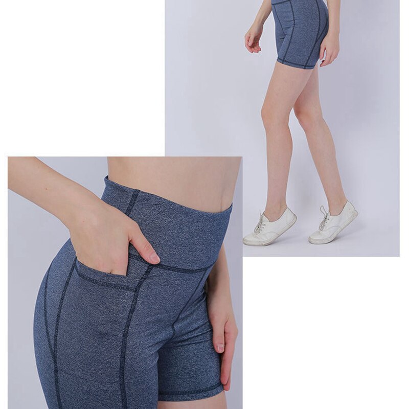 Yogashorts med hög midja för löparbikershorts för kvinnor med fickor