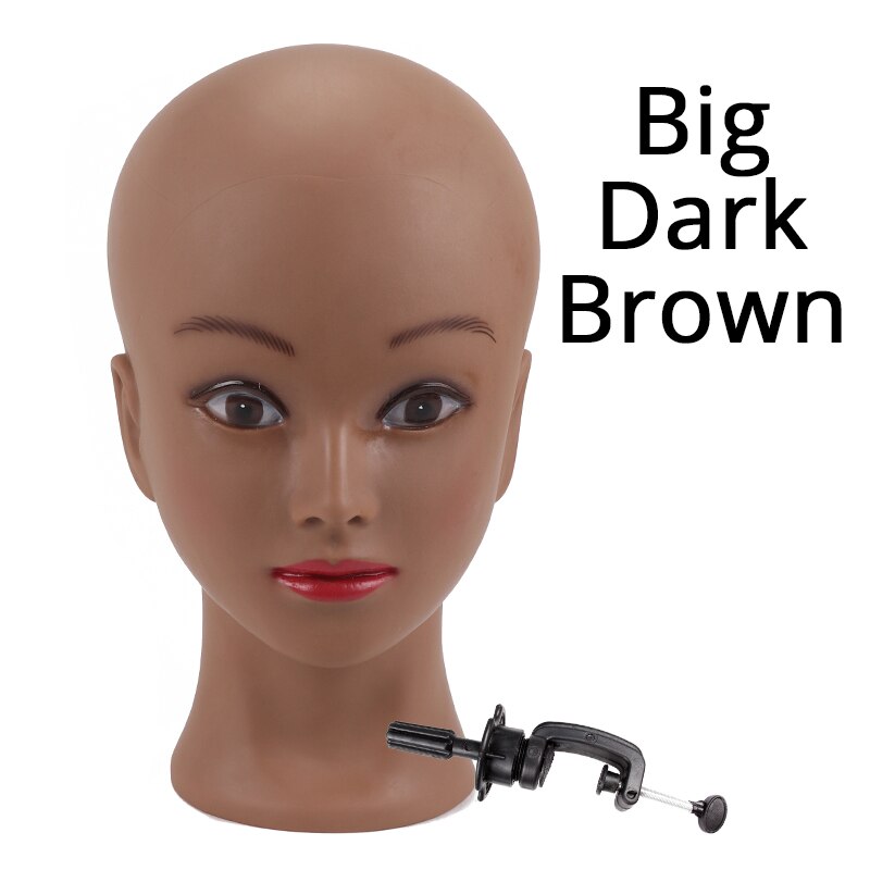 Plussign Female Mannequin Head Bald With Table Clamp Manikin Head For Wig Making Hat Display Makeup Practice 19-21": Big Dark Brown