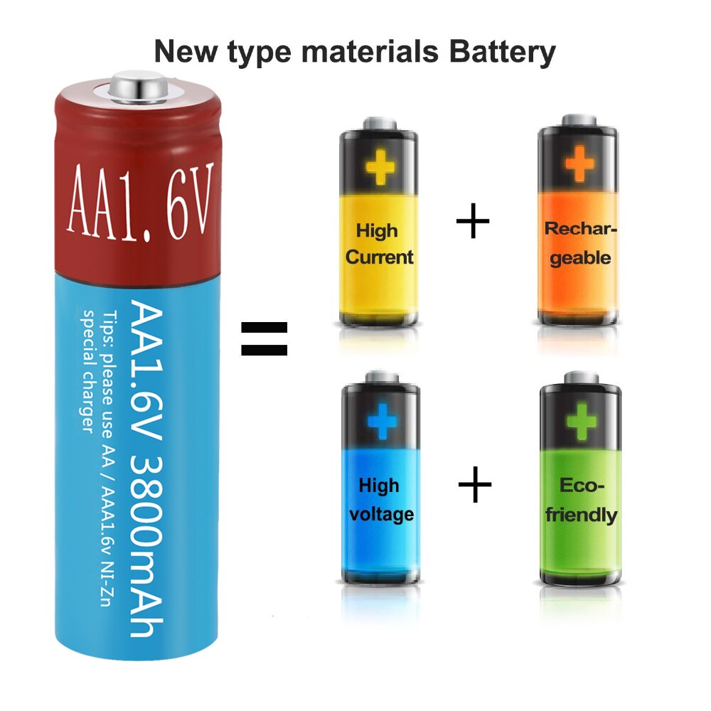AA Rechargeable Batteries NiZn 3800mAh Replace 1.5V/1.2V AA battery 1.6V Battery for toys MP3 Solar Lights Camera MP4 RC car