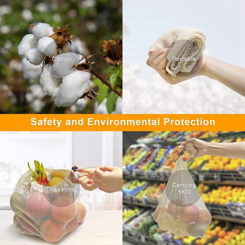 Reusable Shopping Bags, 12-Set Reusable Product Bags Organic Cotton Washable Plastic-Free Bags Zero Waste Shopping Net Bags For