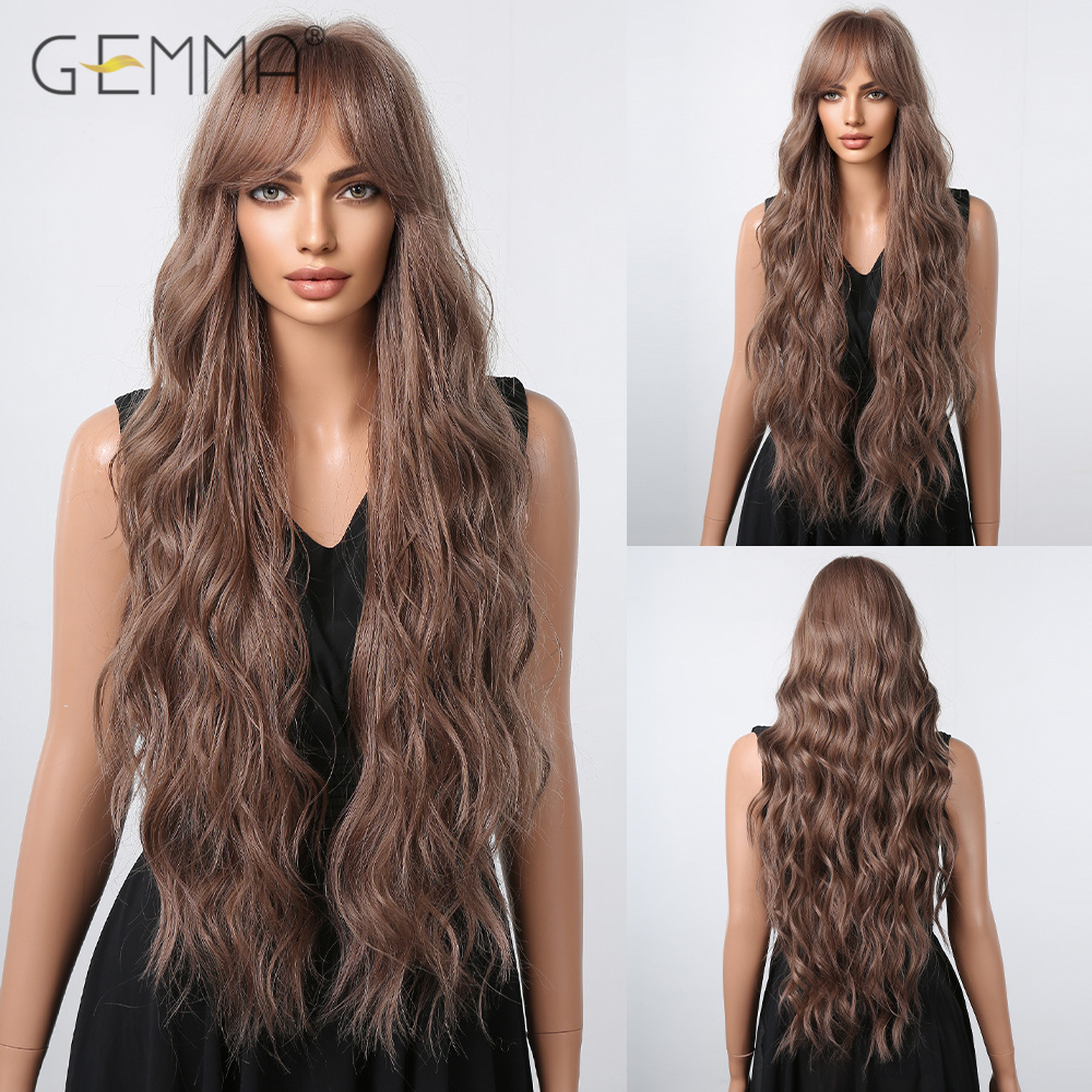 GEMMA Dark Brown Long Curly Synthetic Wig Deep Wave Cosplay Hair Wigs with Wavy Bangs for Women Daily Party Heat Resistant Fibre: #35