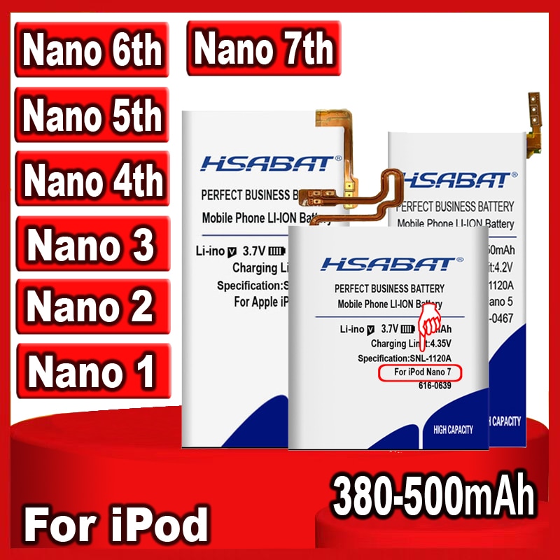 HSABAT 380mAh-500mAh Battery for iPod Nano 1 2 3 4 5 6 7 4th 5th 6th 7th 1st 2nd Generation 2 Gen 2Gen 3rd 3 Gen 3Gen
