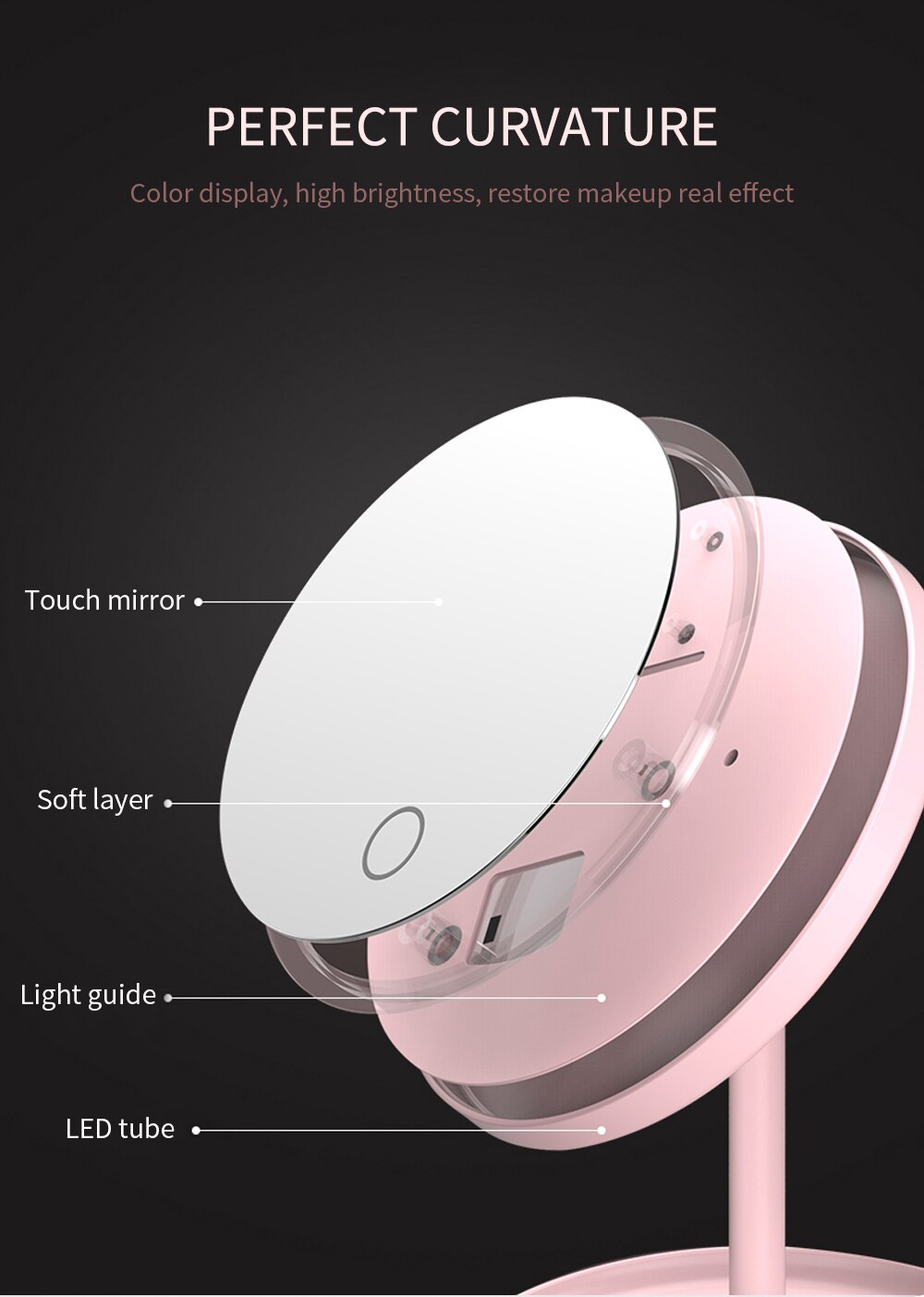 Girls Table Mirror USB Charge LED Makeup Mirrors with Ring Light HD Vanity Mirrors Smart Touch Control Illuminated Stand Up Desk