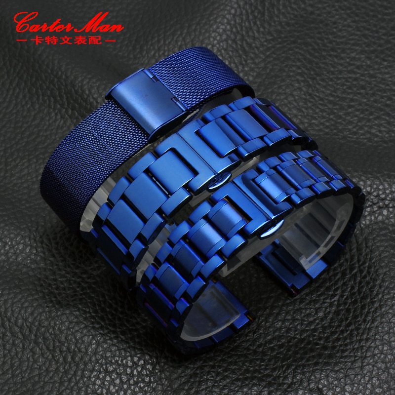 Blue Rvs Horlogeband Strap Metalen Armband Riem 18Mm 20Mm 22Mm Straight End Voor Mannen Vrouwen mode Horloge