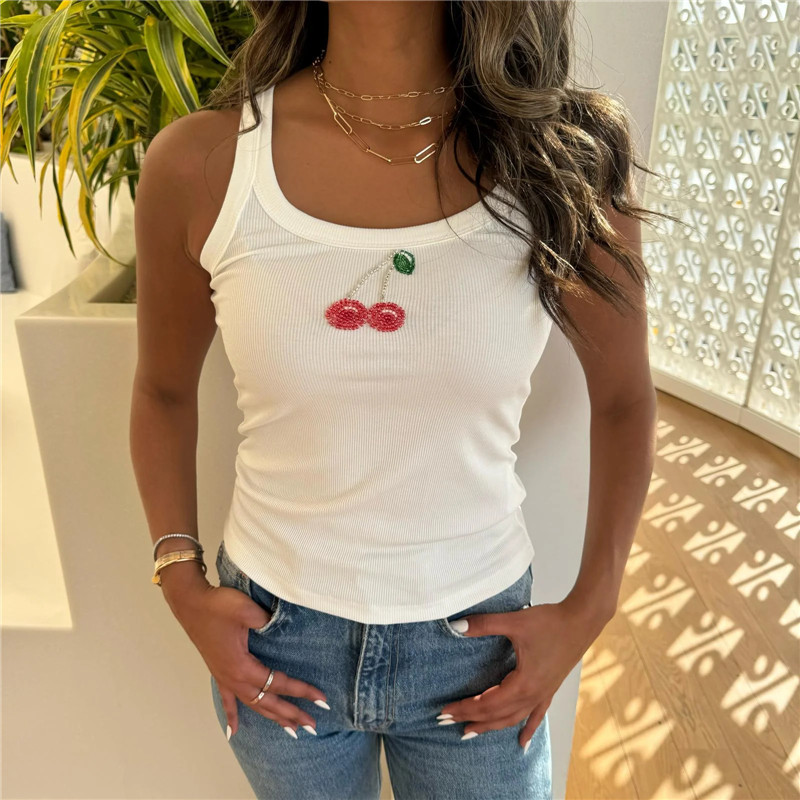 Camisetas Cropped Femininas de Verão com Glitter, Bordados e Miçangas, Sem Mangas, Gola Redonda, Ajuste Slim, Estilo Casual Y2K: L / Bege