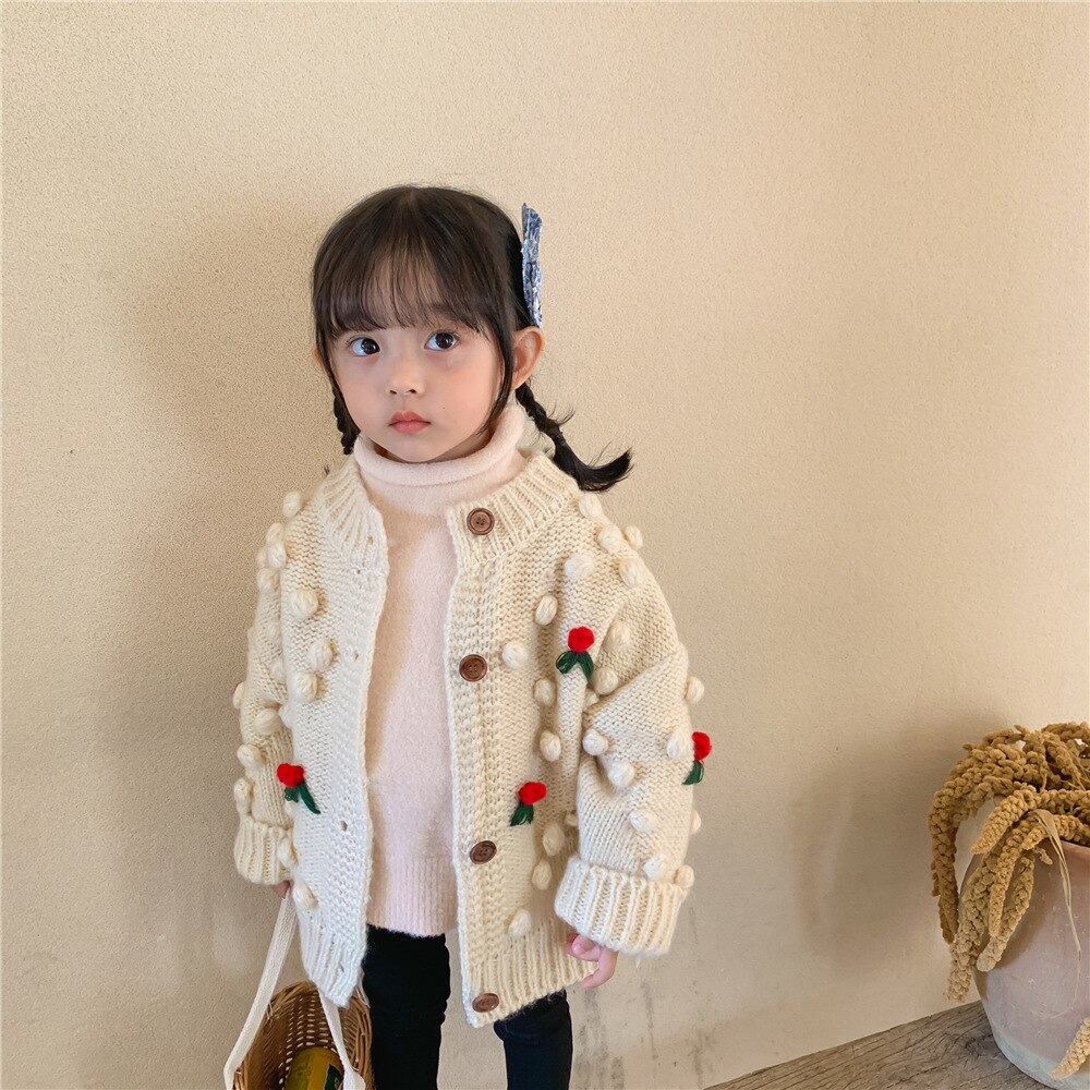 Outono crianças cardigan solto meninas camisola cereja malha criança camisola jaqueta meninas casaco roupas crianças cardigan roupas