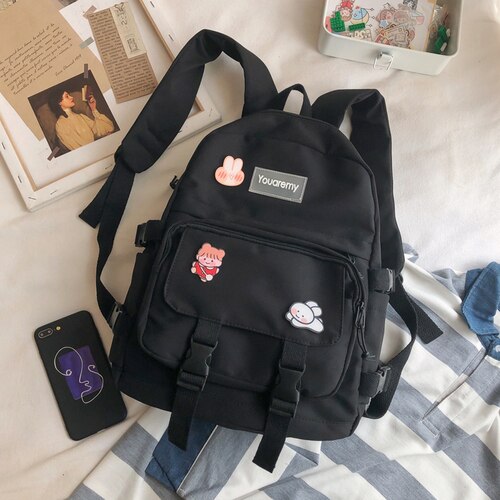 Femminile Rosa Carino Zaino Donne di Scuola di Nylon Impermeabile Zaini per Ragazzi di Grande Capacità Zainetto Harajuku 2020 Nuovo Bookbags: black without toy