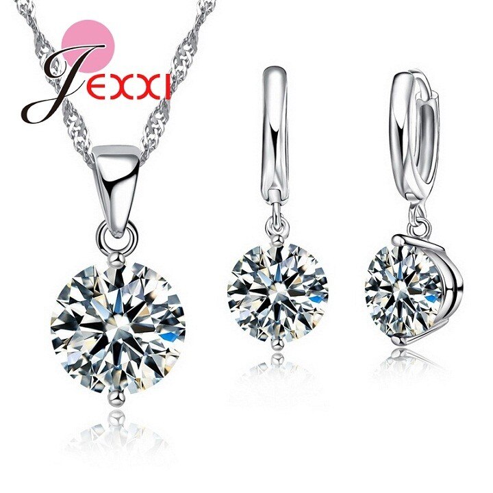 Conjunto de joyas para mujer, Plata de Ley 925 auténtica, cristales redondos, CZ, colgante, collar, pendientes, novedad: white