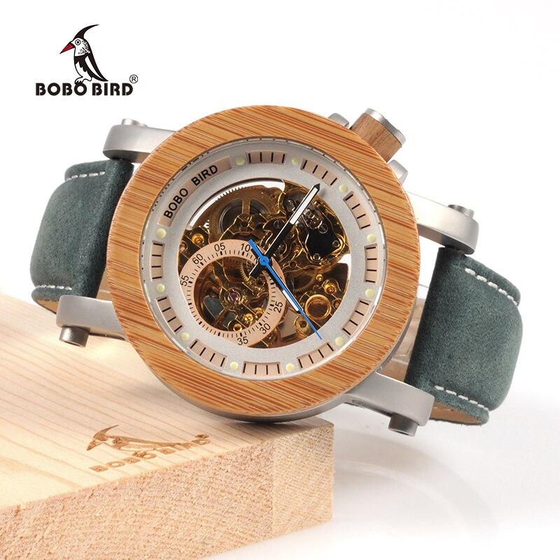 Bobo Vogel Houten Mechanische Horloges Heren Horloges Voor Man Mechanische Horloges Mannelijke Luxe Lederen Band Relogio Masculino