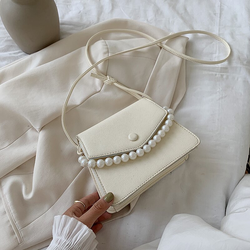 Perle pu læder crossbody tasker til kvinder mini skulder enkel taske kvindelige håndtasker og punge: Mini hvid