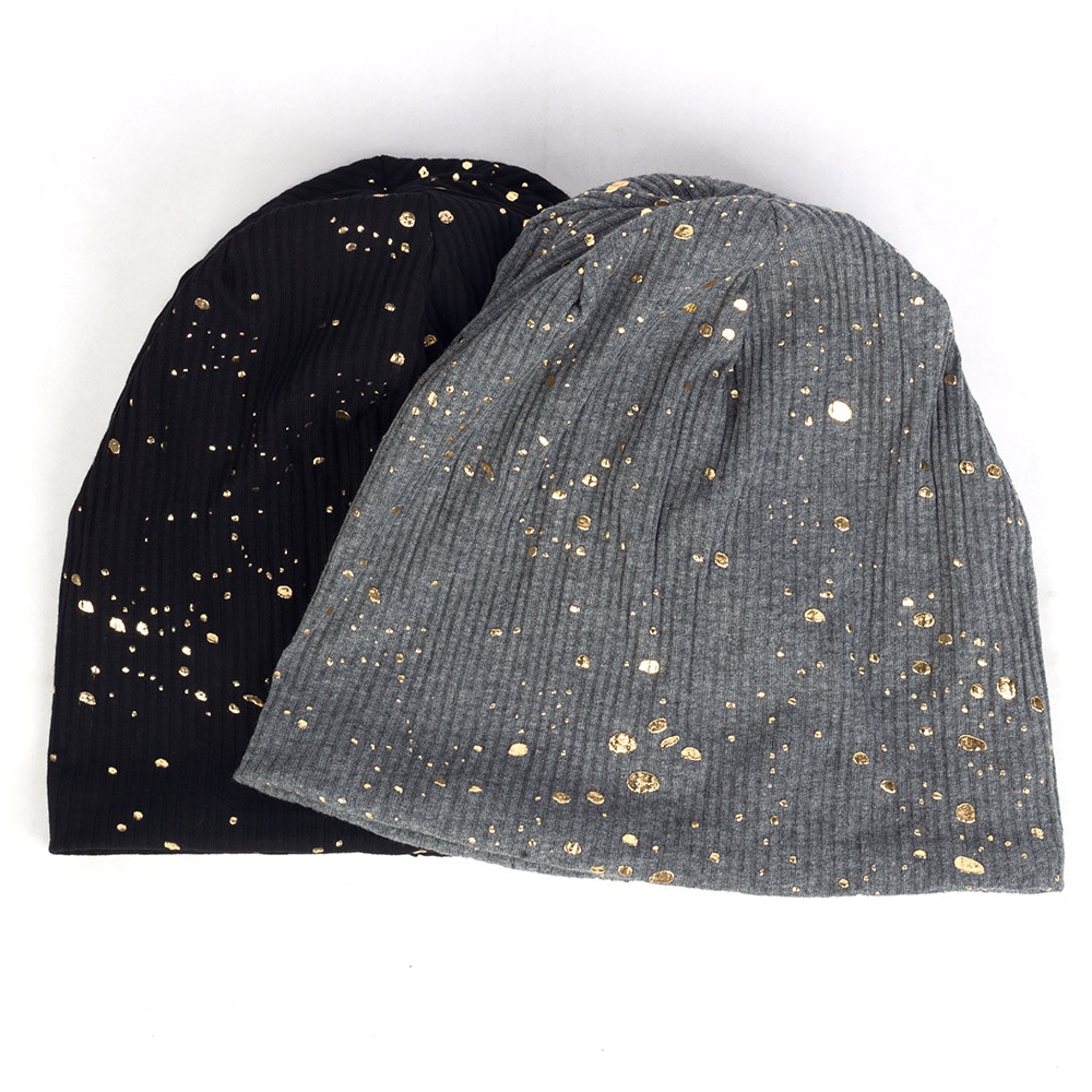 Femmes Éclaboussures Peinture Bonnet Chapeau Automne Couleur Métallique En Coton Côtelé Bonnet souple pour Femme Dames Bronzage Noir Skullies