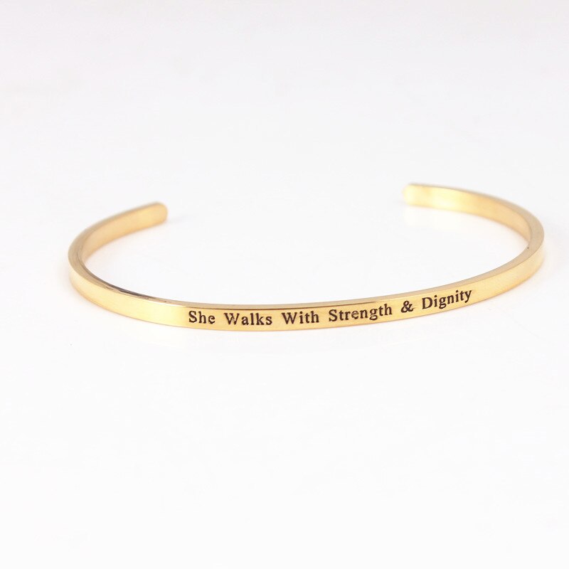 Trend Quotes Mantra Bracelets 316L Stainless Steel Open Cuff Bangle Women Gold Inspirational Jewelry Bracelets: She walks with