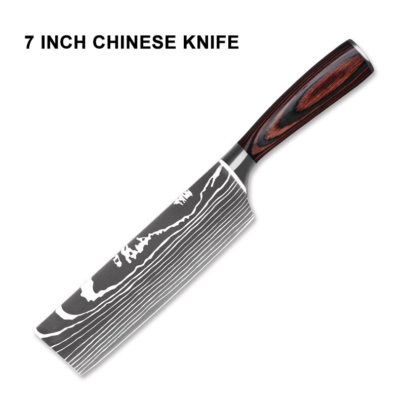 IWELAI Kitchen Knife Set Home Cook Knife Japanese 7CR17 440C Imitation Damascus Pattern Knife Nine-Piece Knife: 7inch Chinese