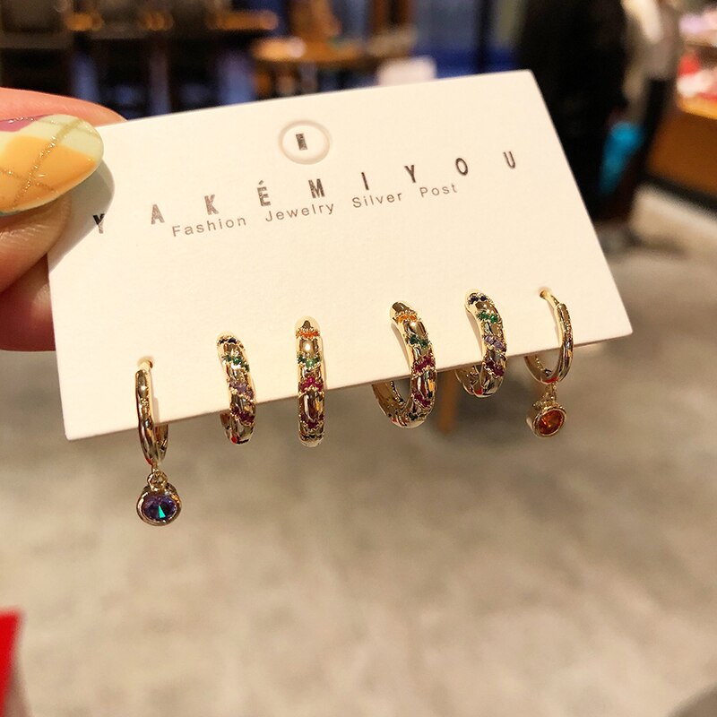 Anenjery Zilveren Kleur Koper Gekleurde Zirkoon Hoepel Oorbellen Voor Vrouwen Eenvoudige Temperament 6 Stuk Oorbel Set Koreaanse Accessoires
