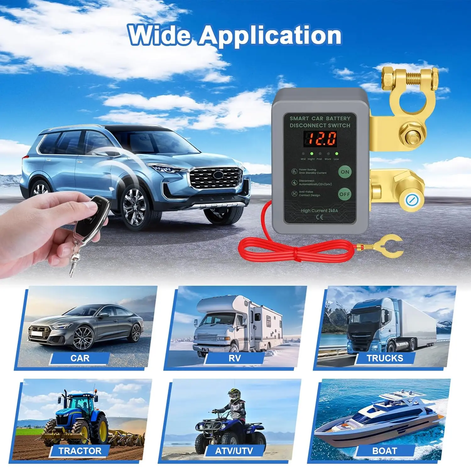 Kill Switch 12V externe batterij-scheidingsschakelaar met led-spanningsweergave Automatische uitgeschakelingsschakelaar voor auto SUV