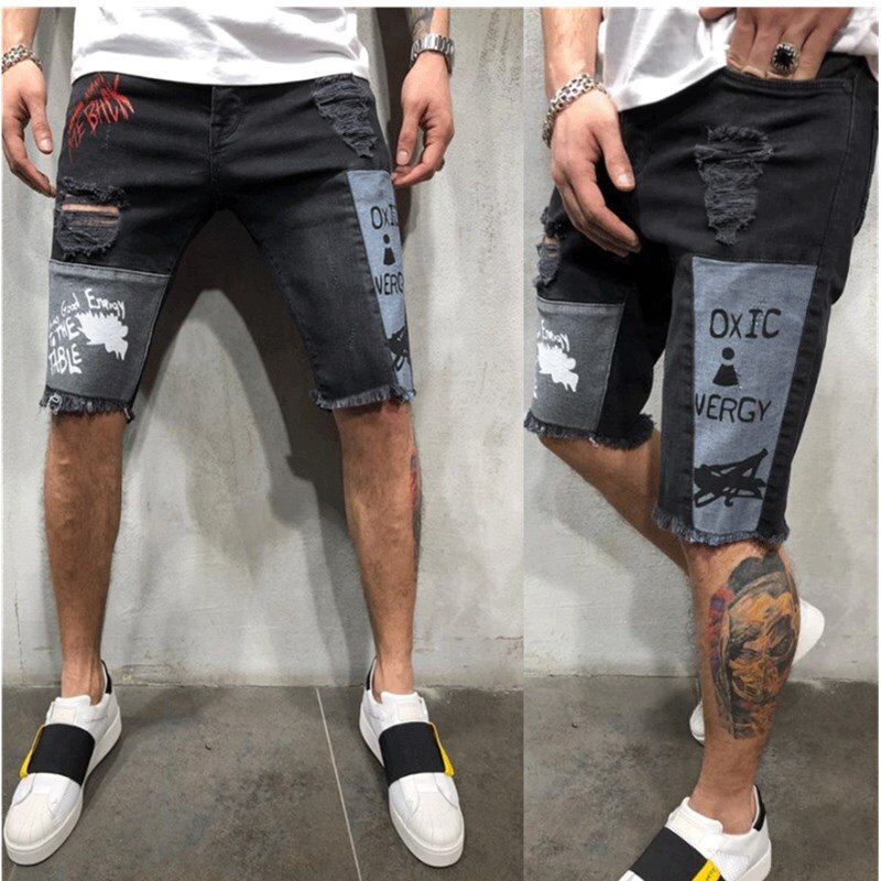 Summer Men Ripped Printed Letters Stretch Denim Shorts Male Slim Fit Elastic Patchwork Hip Hop Casual Denim Shorts