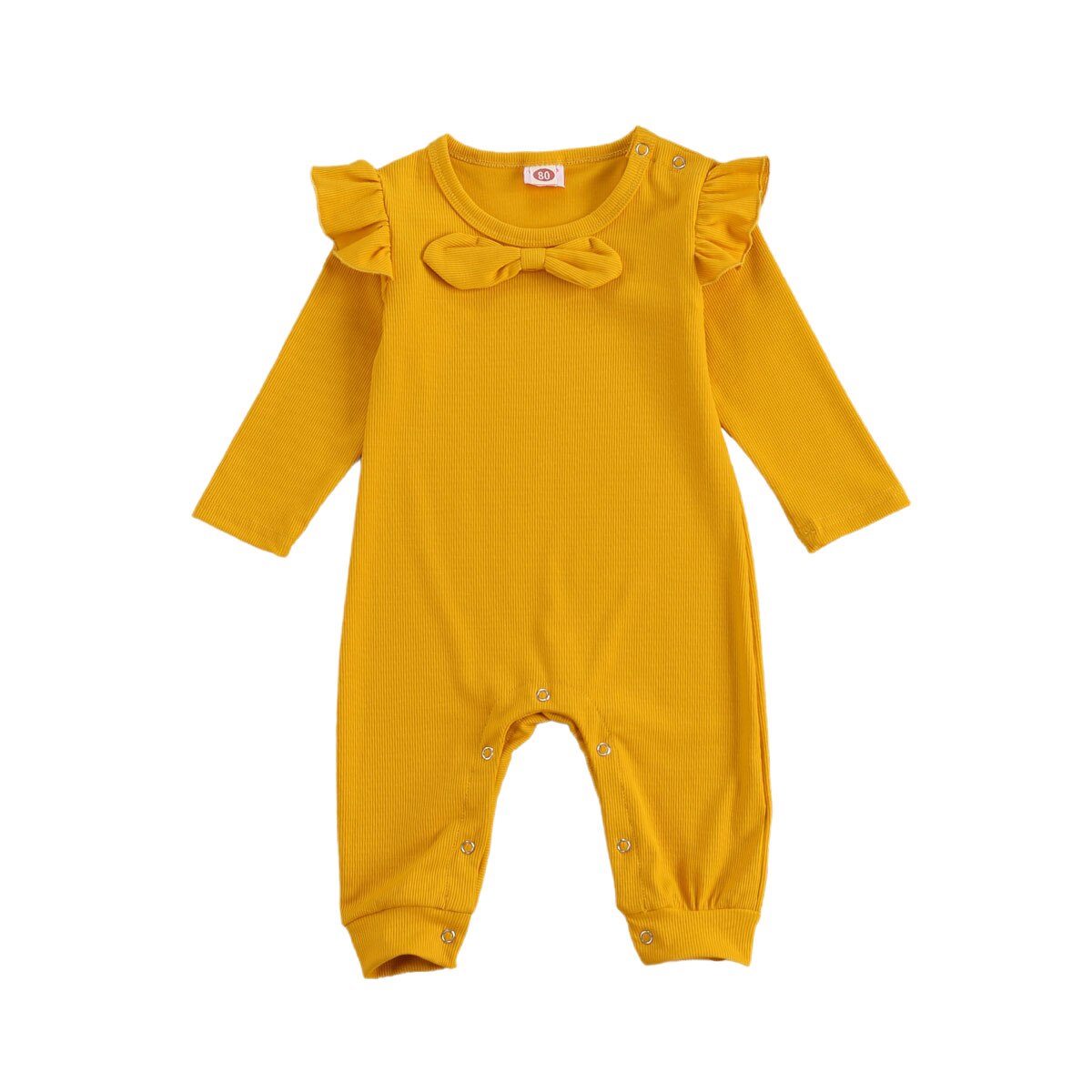 Baby Baby Meisjes Effen Kleur Geribbelde Jumpsuit Peuter Jongen Meisje Lange Flying Mouwen Boog Geribbelde Romper Strikje Knop Broek: Geel / 9m