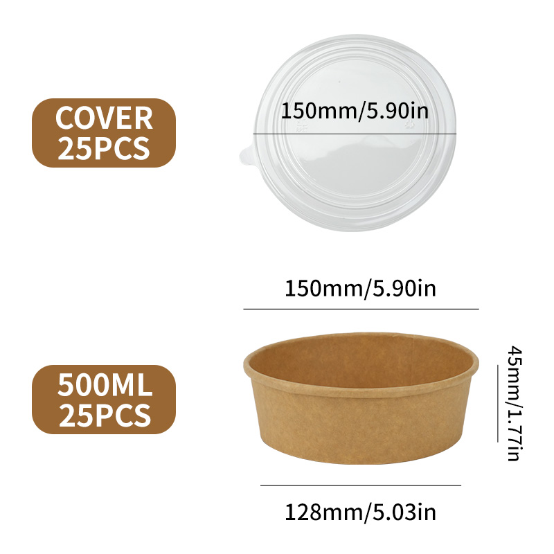Cuencos de papel Kraft desechables, fiambrera Bento para llevar, cajas de comida con tapas, sopa, fideos, ensalada, contenedor de alimentos desechable, 25 uds.: Plata
