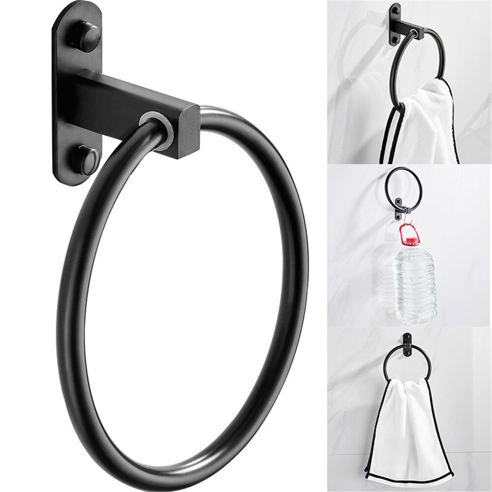 1 Set Towel Ring Aluminum Alloy Hand Towel Rack Hanger For Bathroom Black Durable Glue Concealed Screws Included