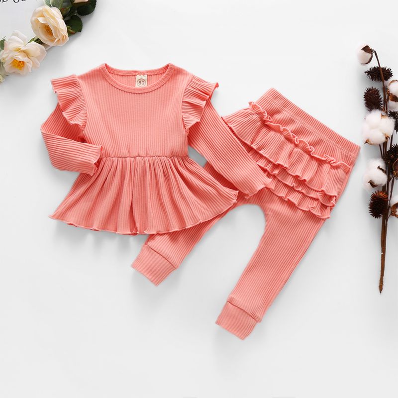 Ragazze 2pcs Autunno 6M-4T Del Bambino Della Ragazza Dei Bambini Del Manicotto Lungo Set O-Collo Del Cotone delle Magliette E Camicette E pantaloni Del Bambino Del Bambino Vestiti Della Ragazza di Inverno: Colore rosa / 12M