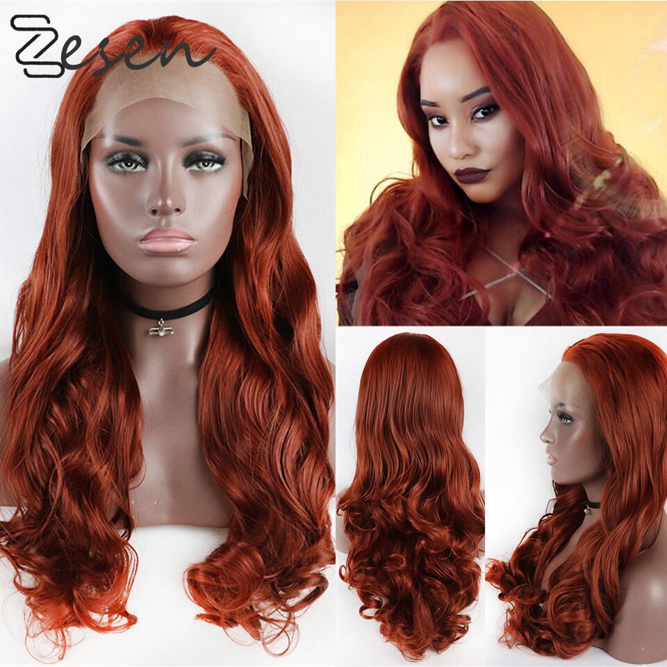 Zesen Orange 13*Lace Front Wig High Temperature Fiber Copper Red Long Wavy Synthetic Wigs With Baby Hair