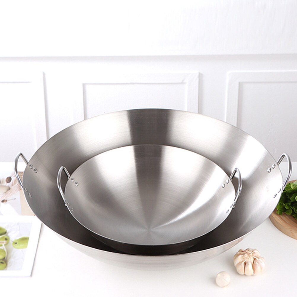 Stainless Steel Wok Round Bottom Wok Large Fry Pan Large Capacity Saute Pan