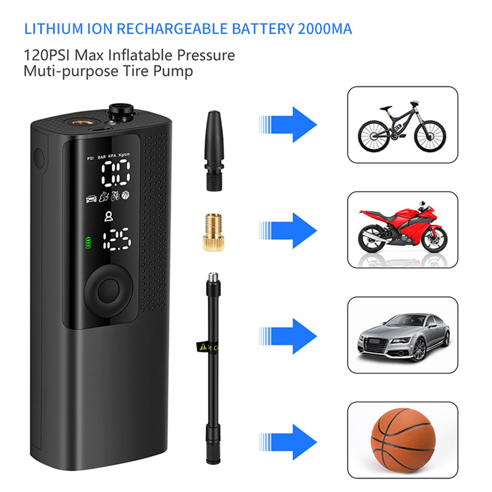 120psi Bike Mini Electric Pump Portable Smart Bicycle Motorcycle Tire Swimming Ring Digital LCD Display Wireless Air Inflator