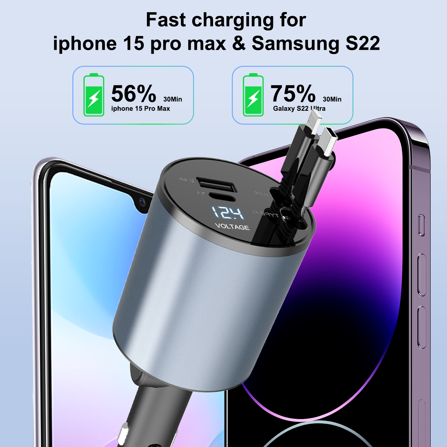 2024 Intrekbare autolader 4in1 Snelle autotelefoonoplader 100 W Intrekbare kabels 2 USB-poorten Autolader voor alle smartphones