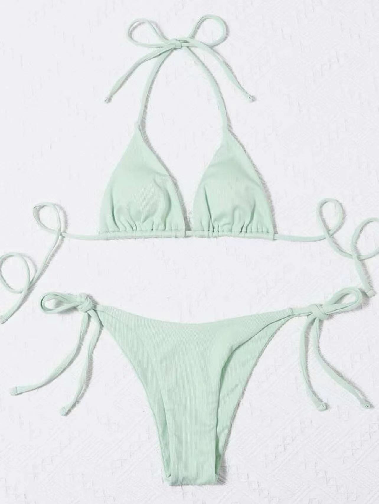 Liten randig ribbad bikiniset för kvinnor sexig enkel enfärgad halterneck baddräkt snörning strandbaddräkt sidobandage string baddräkt: L / Grön