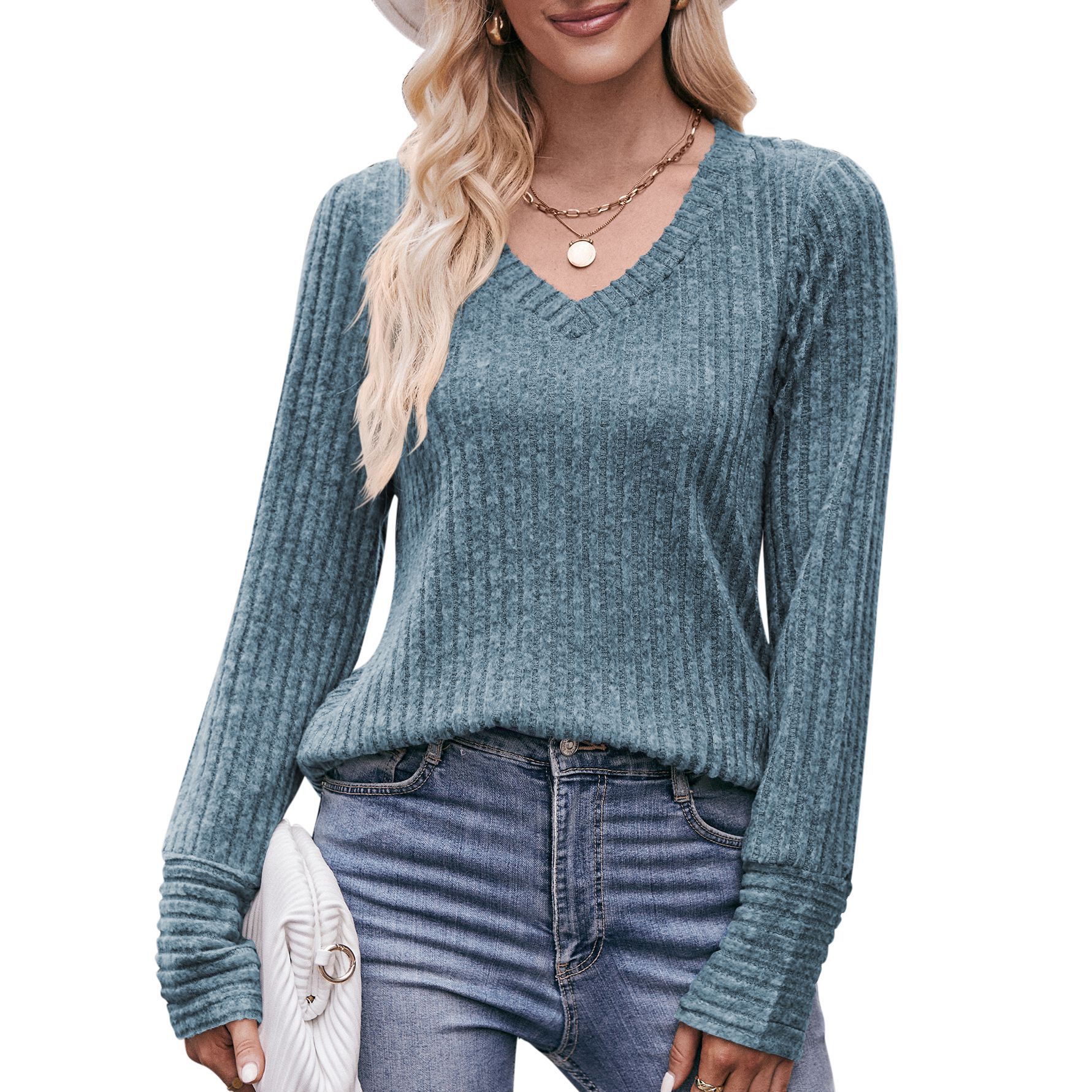 Herfst Winter Losse Casual V-Hals Pullover T-Shirts Dames Mode Eenvoudige Lange Mouw Onderkant Top Vrouwen T-Shirt Dames Kleding: XXL / Blauw