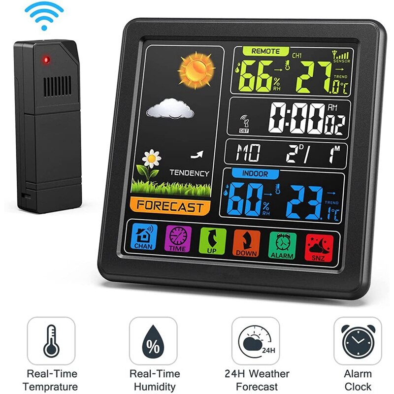 Weather Stations Thermometer Hygrometer Sensor Digital Monitor Full Touchscreen Wireless Weather Clock