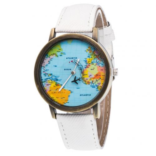 Reloj de cuarzo con correa de cuero de imitación para mujer, pulsera de hora con de mapa del mundo, esfera redonda, Retro Unisex: Blanco