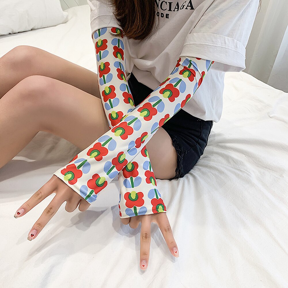 Dames arm mouwen ijs zijde koud fruit bloemen print zonnehandschoenen halve vinger auto armwarmers sport zonnebrandcrème mouw: R