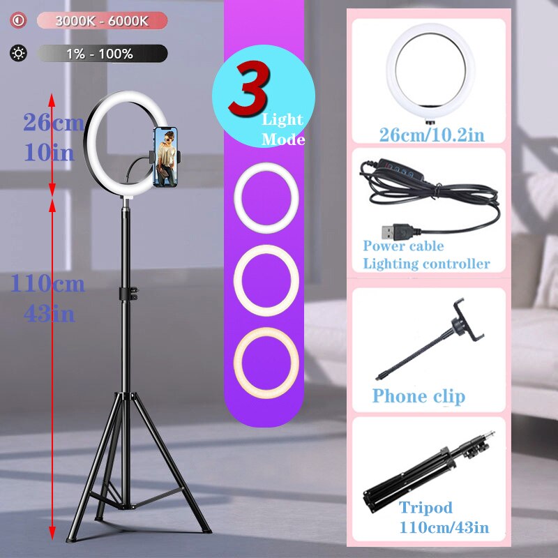 10 "LED Selfie Ring Licht Kreis Füllen Licht Dimmbar Runde Lampe Stativ Fotografie RingLight Trepied machen-hoch Telefon Ständer Halfter: mit 110cm Stativ