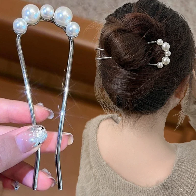 Horquillas coreanas de perlas en forma de U, pinzas para el cabello para mujer, horquillas de Metal de estilo , horquillas de perlas Vintage, herramientas de estilismo para el cabello,