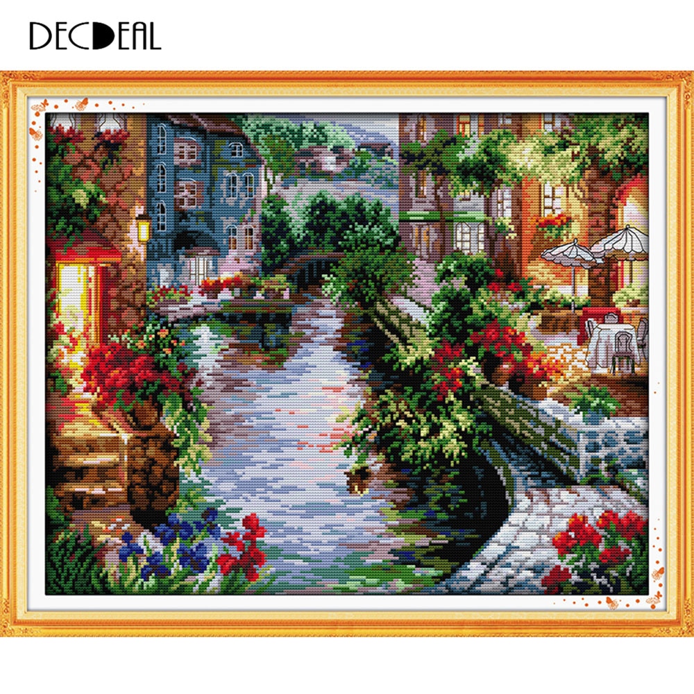 Home Decoration Needlework Counted Cross Stitch Set Embroidery Cross Kit 14CT Lakeside Houses Pattern Cross-Stitching 50 * 41cm
