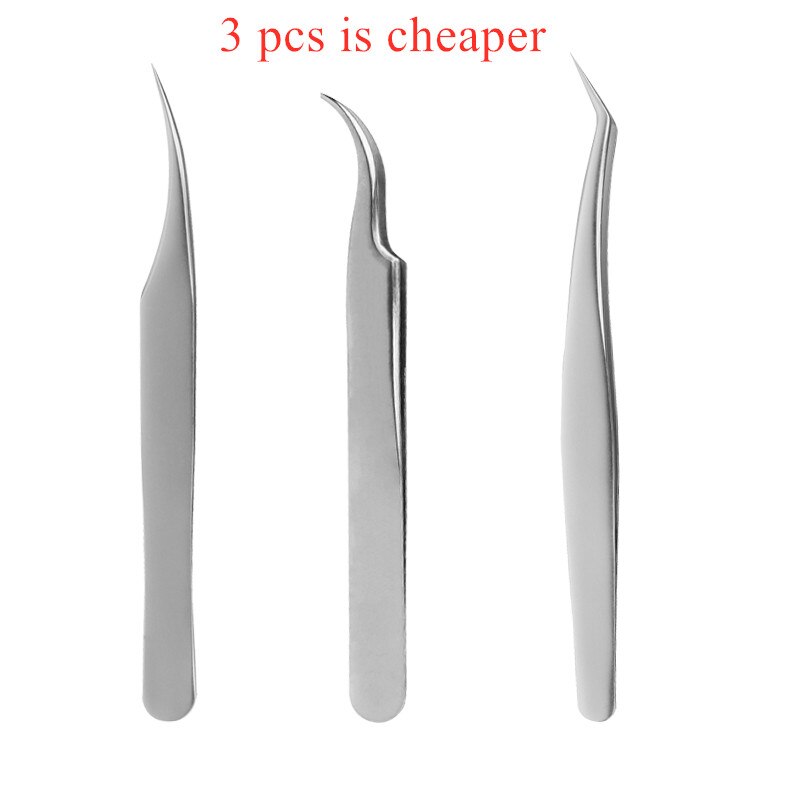 Pinzas individuales para pestañas, pinzas profesionales para injerto, juego de pinzas para pestañas de acero inoxidable de alta precisión: 3 PCS SET-silver