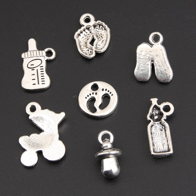 14 pçs mix cor prata copo do bebê garrafa de leite encantos pegada carrinho de bebê pingente encontrar diy jóias artesanais accessorie m176