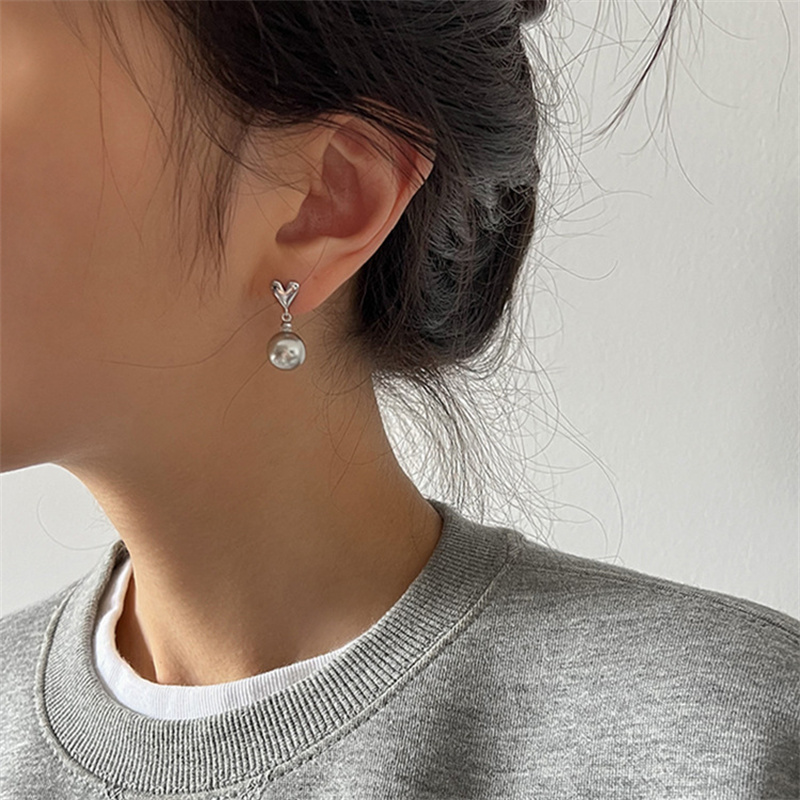 Pendientes colgantes de perlas grises para mujer, aretes elegantes franceses, joyería de de , accesorios de corazón Vintage para , , novedad de 2023
