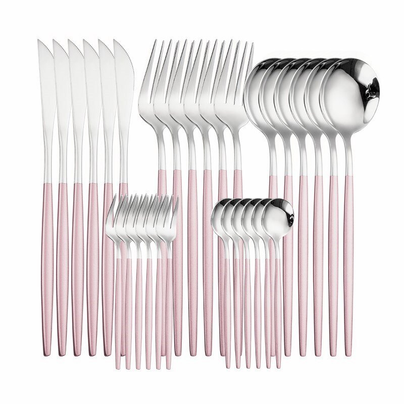 30 st regnbågsbestickset i rostfritt stål servisset middagskniv gaffel teskedar bestick köksservis silverset: Rosa silver 6 set
