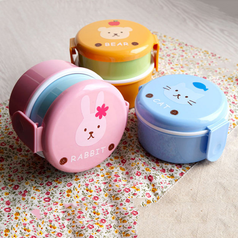 Cute animal lunch box Japanese double-layer round Mini lunch box Children's lunch box Microwave Box