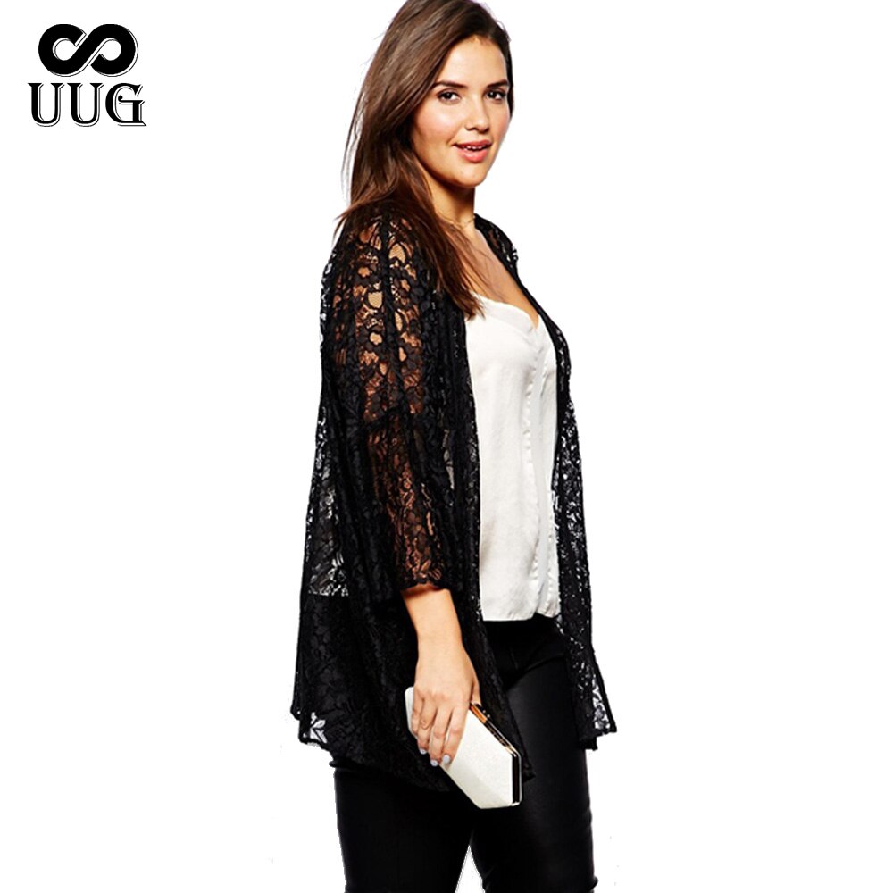 UUG Plus Size Women Lace Cardigan 4xl 5xl Women Large Sizes Black Coat Lace Long Shrug Lady Clothing XXXL Lady Big Clothes Lace