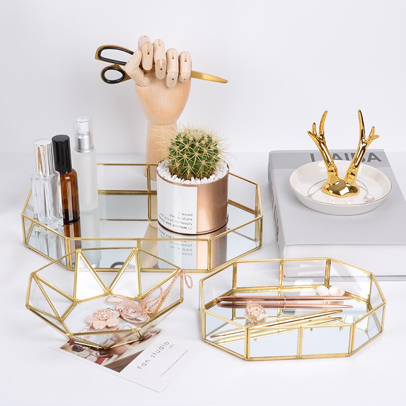 Nordisk ins glass oppbevaringsbrett, gylden brett, enkle smykker, kosmetisk dekorasjon, retro kobber bar te brett